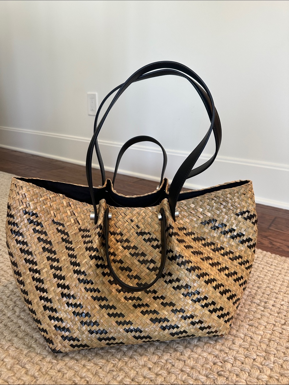 All Saints Arlington Woven Straw Tote Bag with Black dual Handles